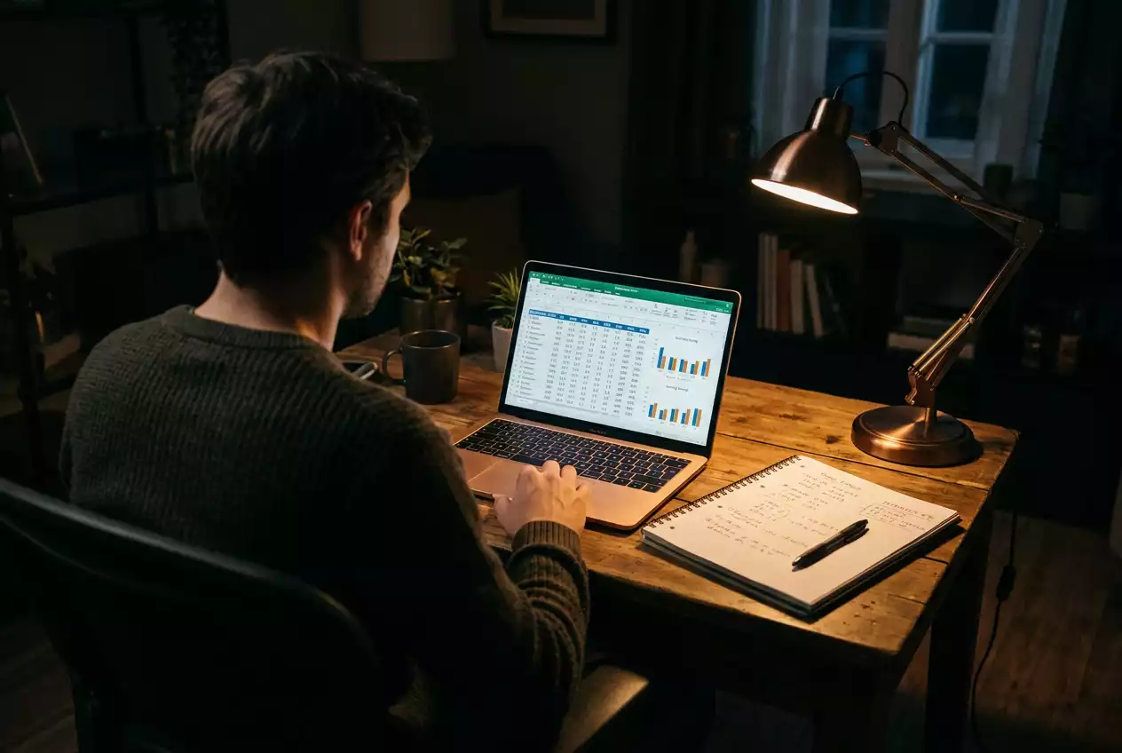 Person reviewing NBA statistics and game data on a laptop screen in a dimly lit room, representing analytical betting research